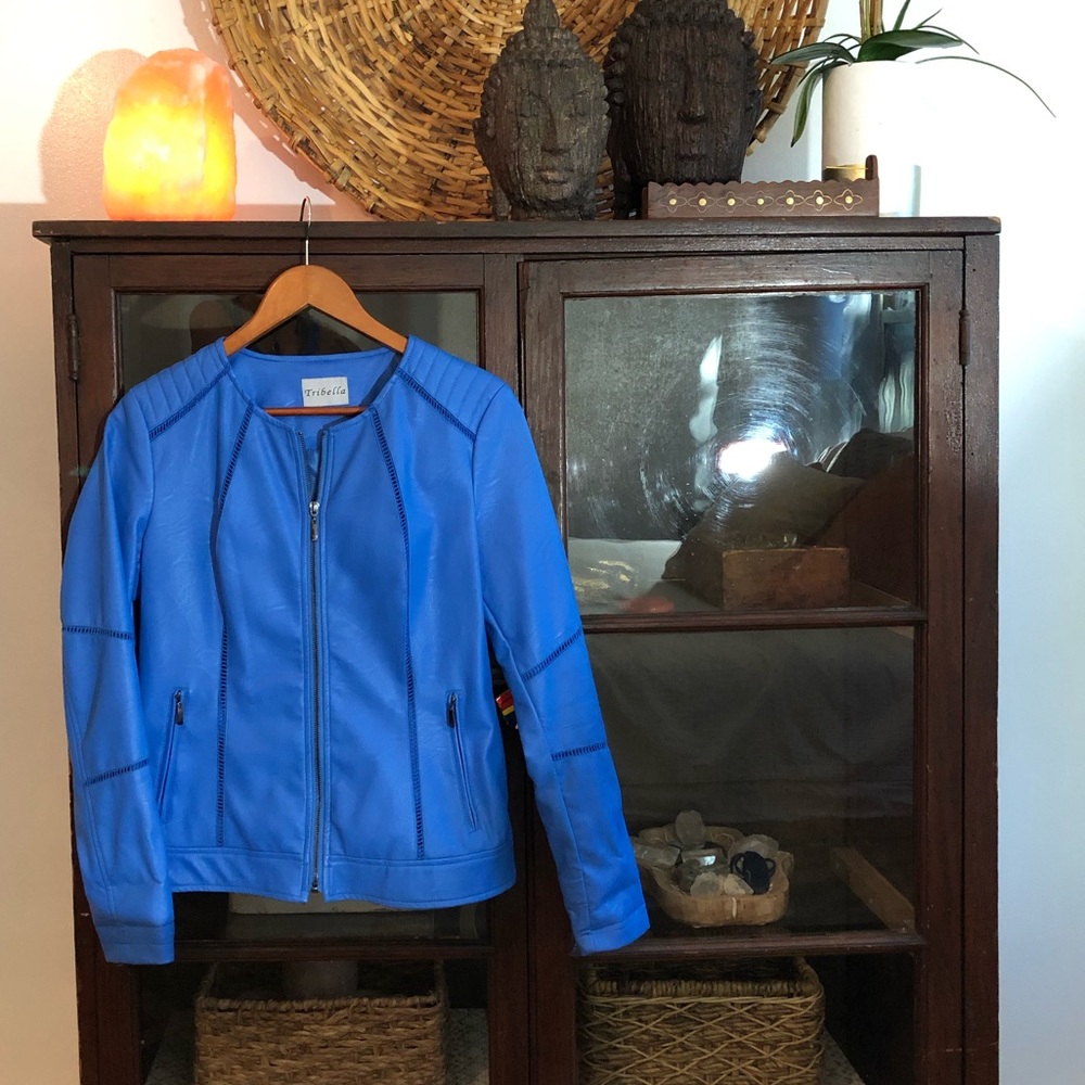 Medium blue faux leather zip front jacket